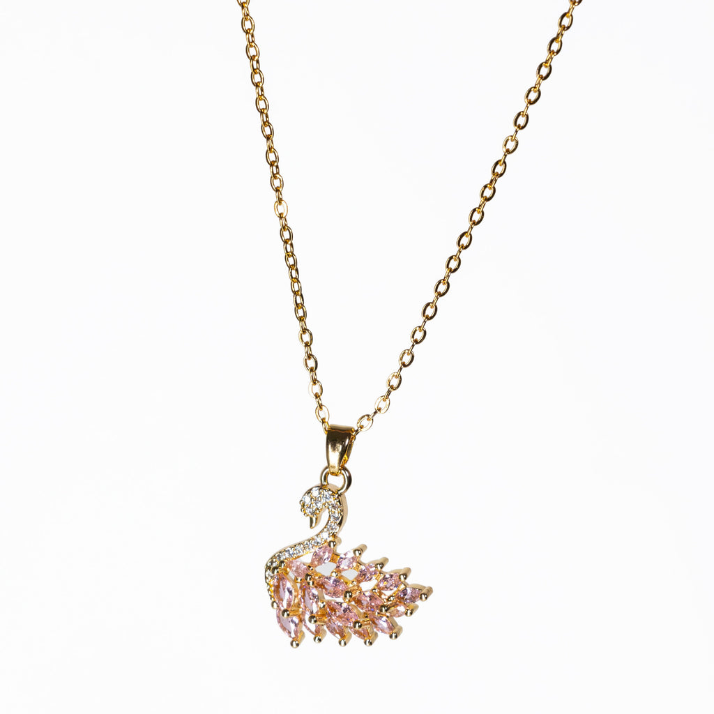 Regal Gold Swan Necklace - Pink