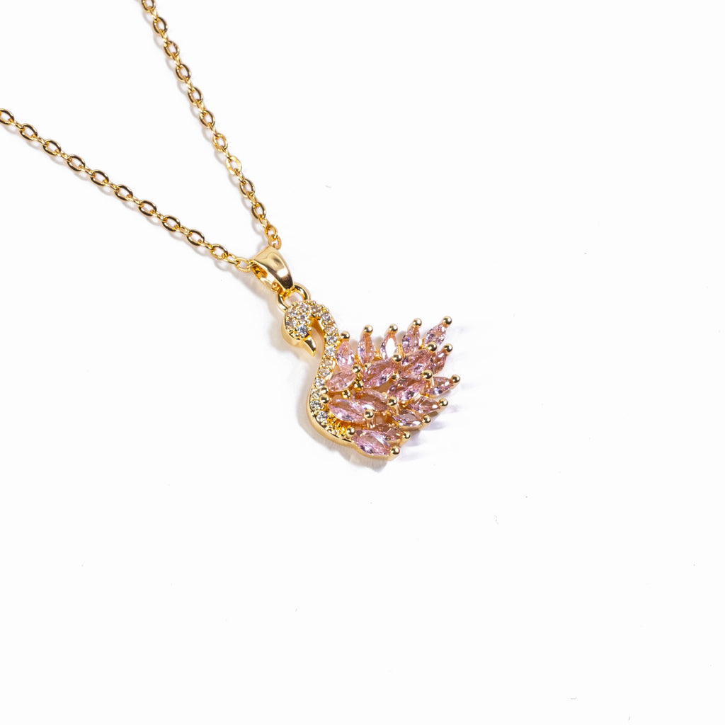 Regal Gold Swan Necklace - Pink
